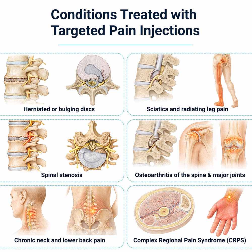 Conditions treated with targeted pain relief injections including herniated discs, sciatica, spinal stenosis, osteoarthritis, chronic neck and lower back pain, and complex regional pain syndrome at Pain Management NYC