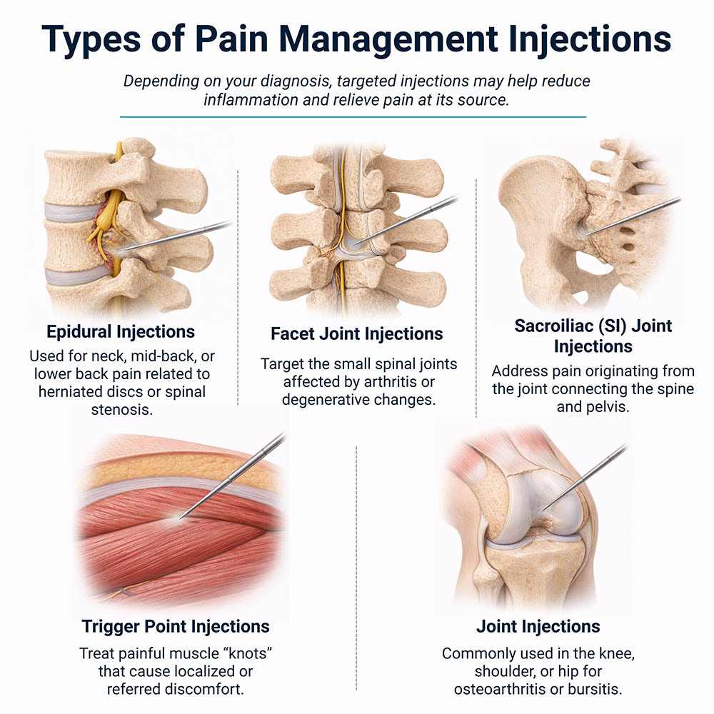 Medical illustration showing epidural, facet joint, sacroiliac, trigger point, and joint injections used to treat spine and joint pain.